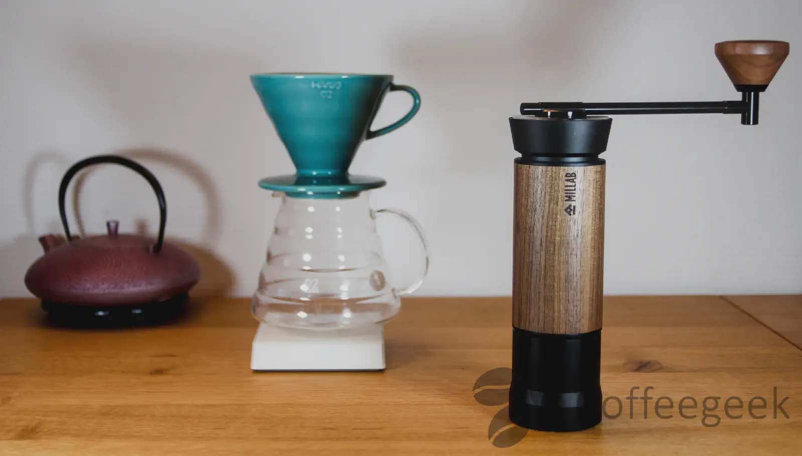 Complete setup for pour over coffee with the Millab M01