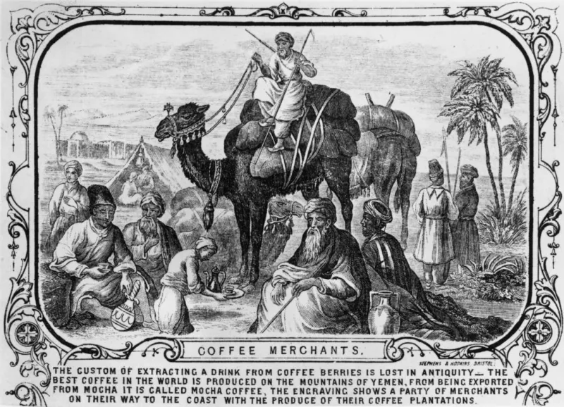 Un servitore serve il caffè ai mercanti yemeniti in viaggio verso Mokha